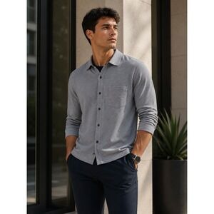 Fabletics Button Down Shirt Mens Large Gray Long Sleeve Pique Pocket